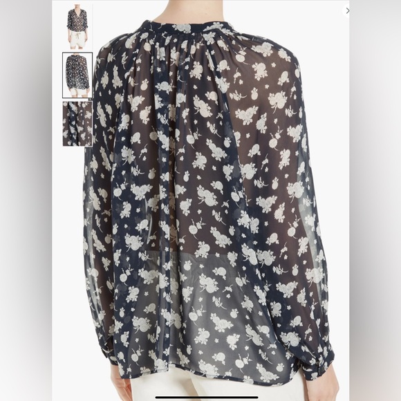 Vince Calico Print Floral Silk Blouse Coastal Navy Sheer - Picture 2 of 10